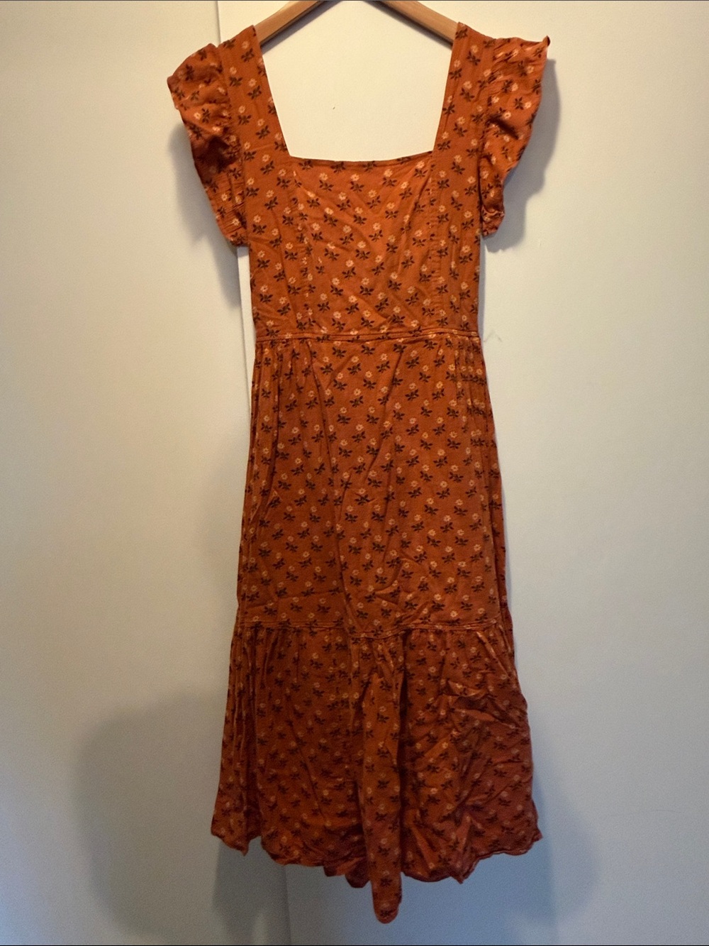 Madewell Rust Floral Square-Neck Midi Dress with Flutter Sleeves